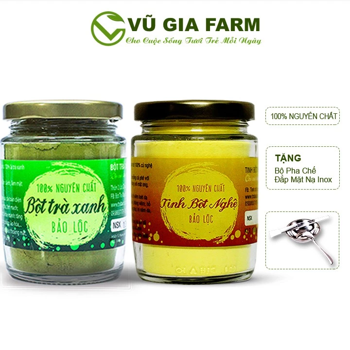 Combo Bột Trà Xanh + Tinh Bột Nghệ - Nguyên Chất Vũ Gia (100g/hũ) + Tặng Bộ Đắp Mặt