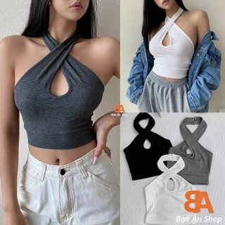 Áo yếm croptop nữ ôm body trễ vai dây chéo cổ giọt nước chất vải thun gân len 4 chiều (Bảo An Shop)