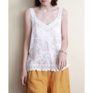 2022 Mới Nguyên Chất Cotton Boutique Phong Cách Dân Tộc Nguyên Bản Áo Sơ Mi Ren Đáy Lỏng Lẻo Tính Khí Phong Cách Mori Retro Sling Nữ Phù Hợp Với Móc Top