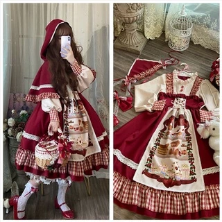 [NANAKO] Hàng Có Sẵn Đầm Lolita Hóa Trang Cô Bé Quàng Khăn Đỏ Dài Tay Phong Cách Retro Nhật Bản Dễ Thương