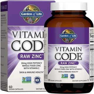 HŨ 60 VIÊN KẼM ZINC - VITAMIN C, Garden of Life VITAMIN CODE, Raw - 30mg Whole Food - NonGMO - Vegan, ĐẸP DA