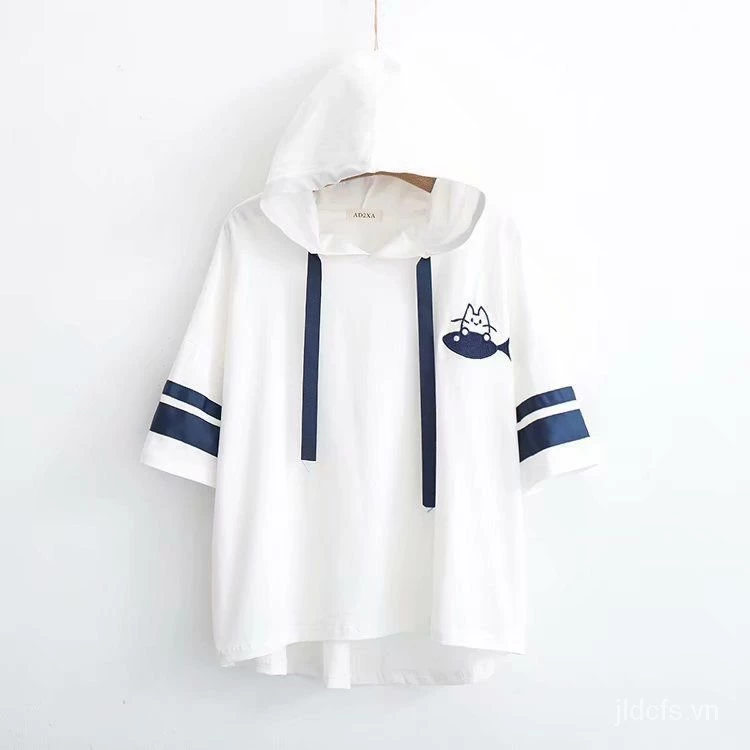 Áo hoodie tay lửng dáng rộng phong cách Nhật Bản thời trang mùa hè 2021 cho nữ