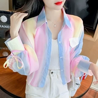 Áo Khoác Cardigan Chiffon Mỏng Dáng Rộng Tay Dài Màu Cầu Vồng Thời Trang Mùa Hè Dành Cho Nữ