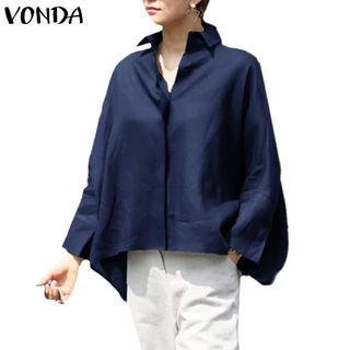 Vonda Nữ Cổ Tròn Dài Tay Thường Ngày Baggy Màu Trơn Không Đều Hem Áo Tunic