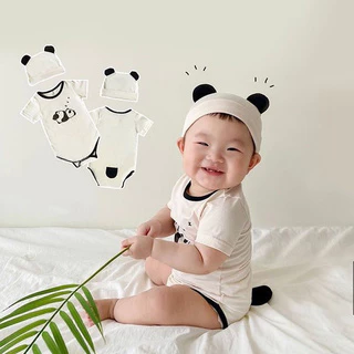 Set áo liền quần tay ngắn hình gấu trúc + mũ hình tai gấu thời trang mùa hè cho bé sơ sinh