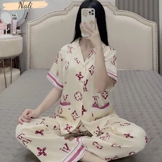 Bộ pijama cộc tay quần dài chất liệu lụa xướt mỏng nhẹ cao cấp, bộ đồ ngủ nữ họa tiết sang trọng DC16