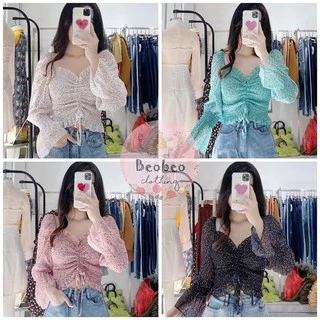 [Ảnh thật] Áo croptop hoa nhí nhúng chỉ rút ngực ulzzang