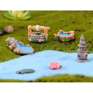 Mô hình giếng nước đá cổ, trụ đèn đá và cầu đá tảng trang trí tiểu cảnh, bonsai, nhà búp bê