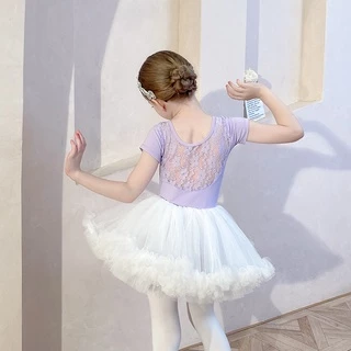 Đầm Múa Ballet Tay Ngắn Phối Ren Màu Tím Thời Trang Mùa Hè Cho Bé Gái