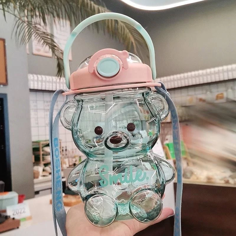 [Có sẵn] Bình đựng nước hình gấu Smile 1100ml kèm ống hút và dây đeo siêu dễ thương - cáp sạc iphone