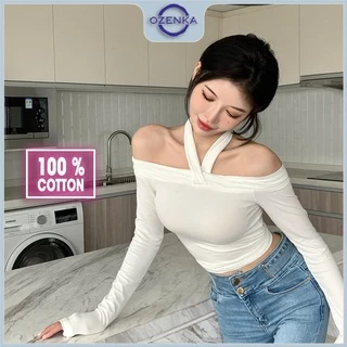 Áo croptop nữ tay dài trễ vai cổ v OZENKA , áo crt ôm body thun 100% cotton màu đen trắng gợi cảm dưới 55 kg