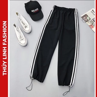 Quần jogger thể thao ống rộng 3 sọc suông nữ dây rút gấu vải Umi dày, quần jogger nữ chất vải mềm có túi viền kẻ trắng