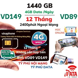 Sim 4G Vinaphone VD89 VD149 Miễn Phí Data 2GB - 4GB 1 Ngày Tốc Độ Cao Và Gọi 12 Tháng