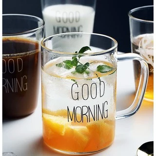 380ml/400ml/420ml Good Morning Black White Letters Print Milk Tea Coffee Cup Heat-resistant Glass Round Fun Cups Crystal Transparent Mugs With Handle