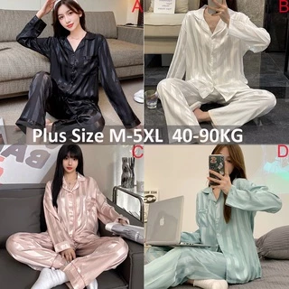 Bộ Đồ Ngủ Bằng Lụa Satin Tay Dài Họa Tiết Kẻ Sọc Thời Trang Hàn Quốc Dành Cho Nữ Plus Size M-5XL luyoo28