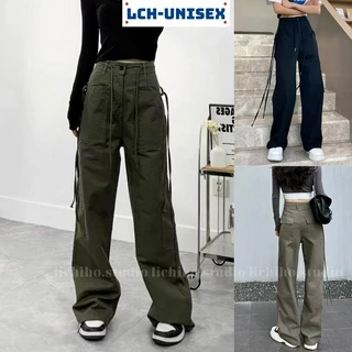 Quần kaki túi hộp phối dây rút eo form dài unisex cargo pants ống suông thiết kế cạp lưng cao cá tính trẻ trung LCH