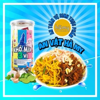 Khô mix 3 vị (khô heo cháy tỏi + khô gà lá chanh + khô mực hấp dừa) hũ 300g, đồ ăn vặt Hà My