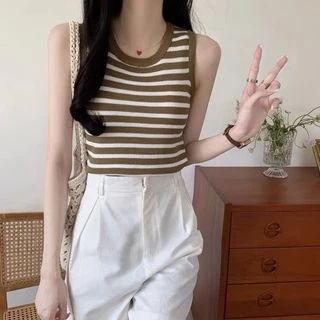 [Hàng Quảng Châu]SP735 Áo sát nách nữ len dệt kim kẻ ngang cổ yếm croptop