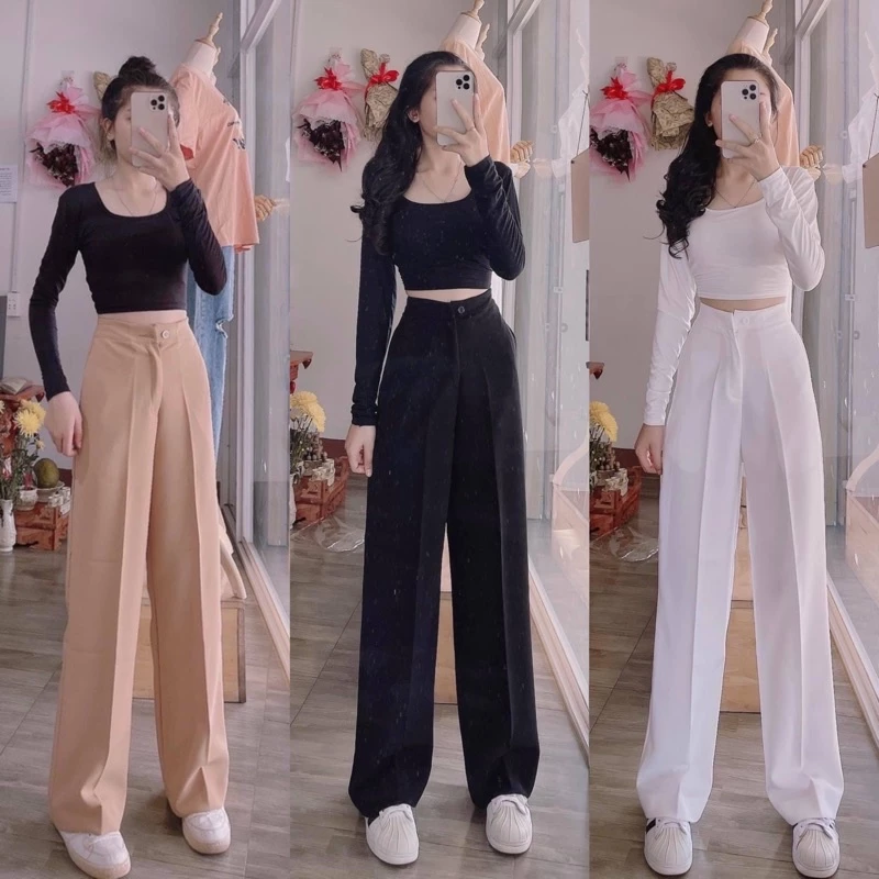 Quần Ống Rộng Suông lưng cao khóa trước 1 khuy chất tuyết mưa khuy giữa quần culottes ống xuông cạp cao cho nữ mã_KL666