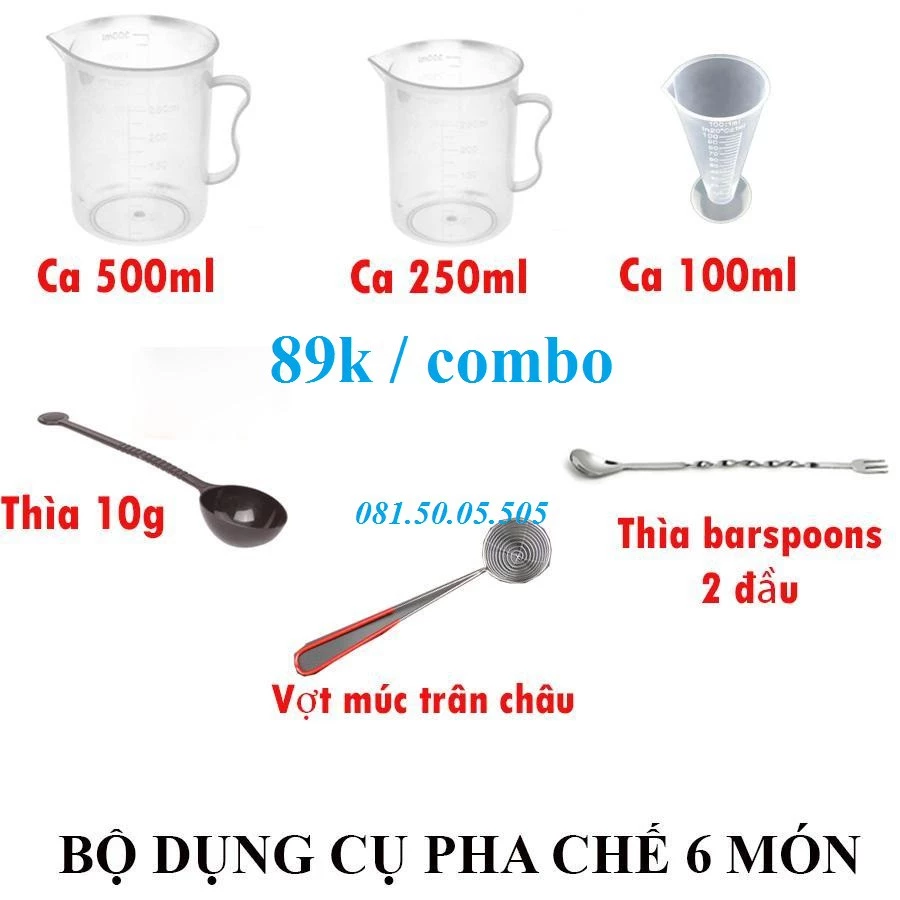 Bộ 6 dụng cụ pha chế: Ca 500ml - Ca 250ml - Ly 100ml - Thìa đong 10g - Vợt topping - Bar spoon 26cm