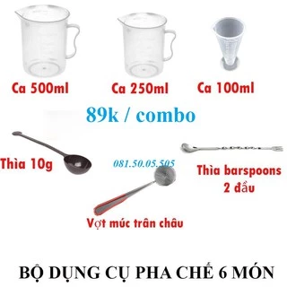 Bộ 6 dụng cụ pha chế: Ca 500ml - Ca 250ml - Ly 100ml - Thìa đong 10g - Vợt topping - Bar spoon 26cm