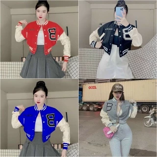 Áo khoác nỉ nữ kiểu dáng bomber croptop thêu chữ B phối nút cực đẹp