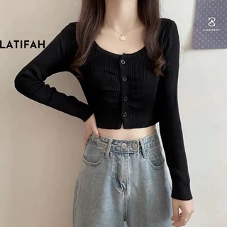 Áo thun croptop tay dài cổ tròn LATIFAH có cài cúc AT019 thun co giãn 4 chiều