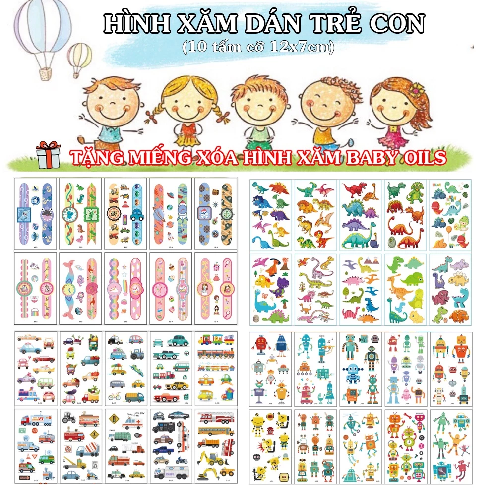 Set 10 Hình Xăm Dán Trẻ Em (Đồng Hồ, Robot, Khủng Long, Pony, Tiên Cá, Ô tô, Động Vật...)