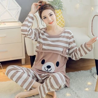 Đồ bộ bầu pijama bà bầu và sau sinh cho con bú ti dài tay thu đông mặc nhà có bigsize 80kg