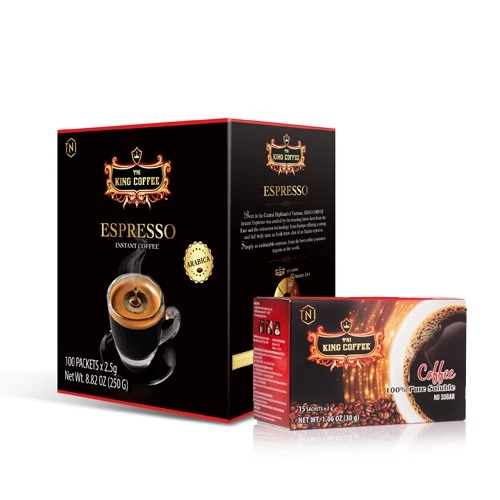 Combo 1 Cf Hòa Tan Espresso KING COFFEE - Hộp 100 gói x2.5g + 1 CFHT Đen Thuần Khiết KING COFFEE - Hộp 15 gói x 2g