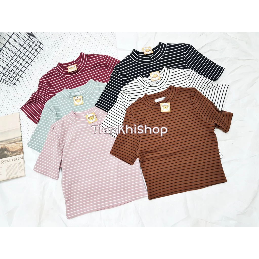 [CÓ SẴN] Áo thun tay ngắn phom ôm croptop sọc ngang cổ cao BS26