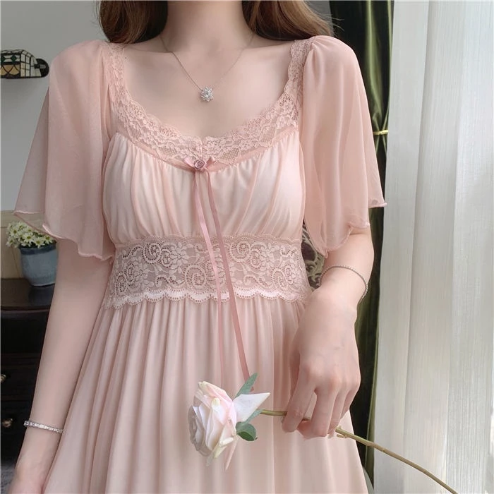 【Spot】Girls Long Dress Pajamas Nightwear Homewear Bigsize Short Sleeve Nightgown With Padded Chest Sexy Summer Fashion For Women