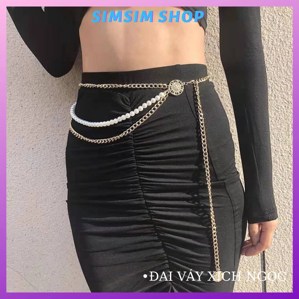 Đai váy xích thả Mix Ngọc trắng tiểu thư ĐV009b - Belt sợi xích ngọc vàng sang chảnh Sim Sim Shop