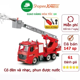 Bộ đồ chơi lắp ghép xe cứu hỏa thang trượt phun nước có đèn và nhạc, chi tiết sắc sảo đẹp và bền bỉ