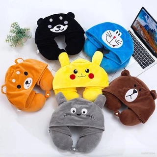 Gối Chữ U Có Mũ Trùm Đầu Hình Doraemon / Pikachu / Gấu Nâu Kumamon / Gấu Nâu Thêu Logo Hoạt Hình Dành Cho Học Sinh /