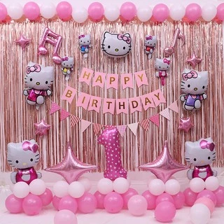 Set trang trí sinh nhật hello kitty kèm Background sinh nhật in tên cho bé gái tuổi mèo