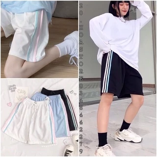 Quần Đùi Kẻ Sọc Unisex 🦋Quần Short Ba Sọc Nam Nữ Dây Rút Dáng Rộng 3 Màu Xanh Trắng Đen