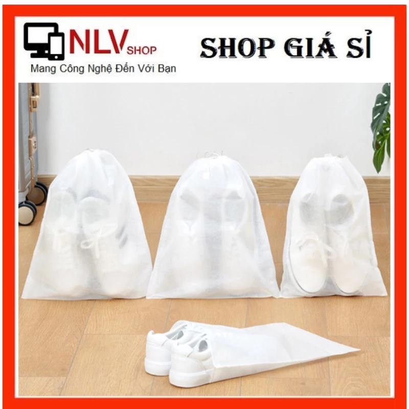 Túi đựng giày dép quần áo đa năng màu trắng dây rút, túi giày vải không dệt Size to để vừa 1 đôi giày (NLVSHOP)