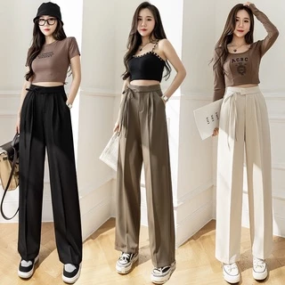 Quần ống rộng nữ lưng cao thắt dây nơ 1 bên culottes ống suông dài màu đen nâu kem mặc đi học làm cực đẹp