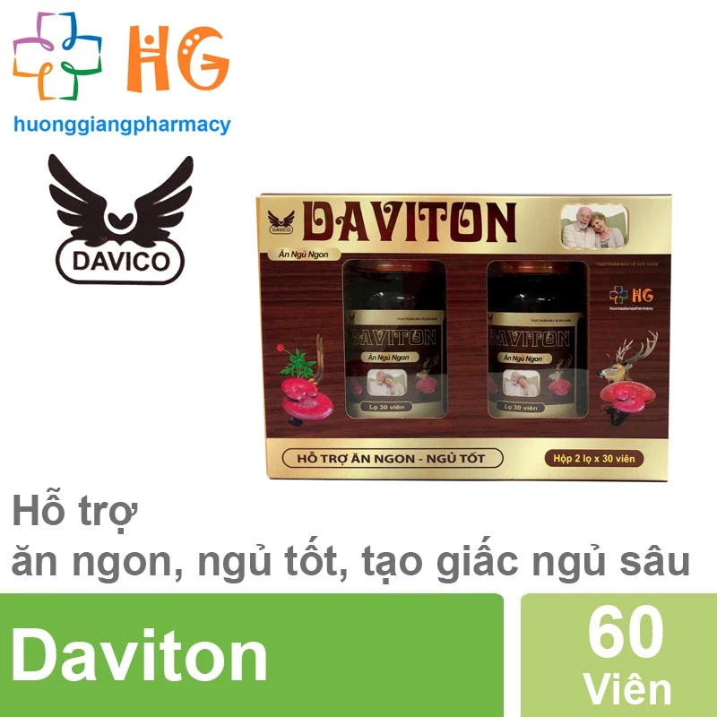 Daviton Hỗ trợ ăn ngon ngủ tốt Tạo giấc ngủ ngon Giảm mất ngủ Giúp giảm mệt mỏi Hộp 2 lọ x 30 Viên