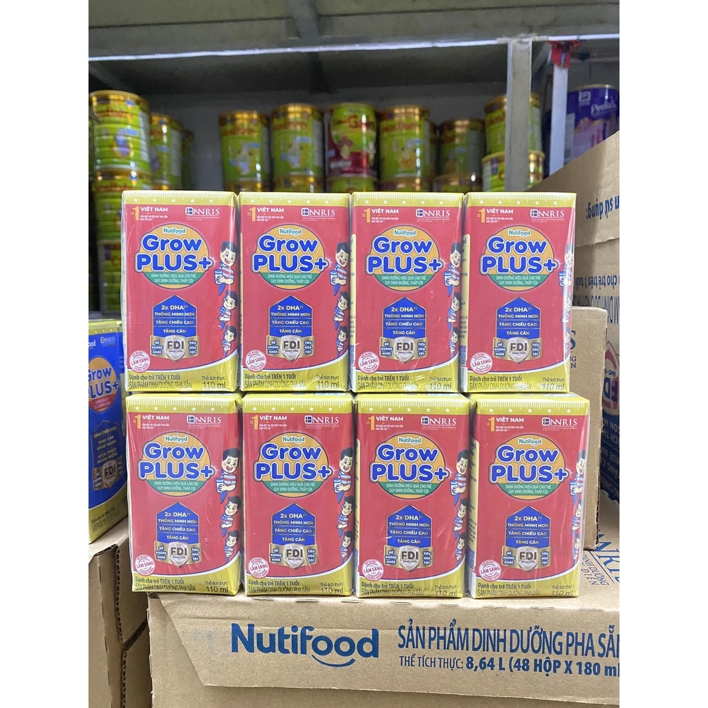 Lốc 4 hộp sữa dinh dưỡng pha sẵn NutiFood Grow Plus+ vani hộp 110ml/ 180ml (cho trẻ thấp còi)