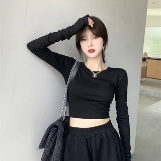 Áo thun tay dài cổ tròn form croptop ôm body vải cotton