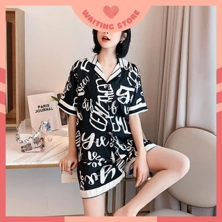 Pijama Nữ - Bộ Cộc Mặc Nhà Mặc Ngủ Vải Lụa Cao Cấp In Họa Tiết Chữ CCLP12