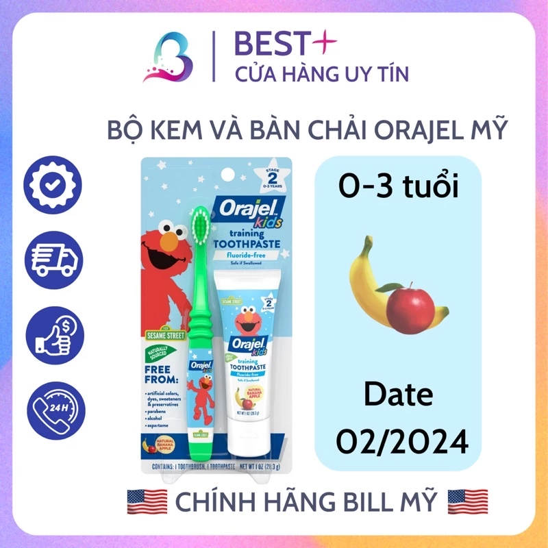 [BILL MỸ] Set kem và bàn chải đánh răng Orajel cho bé từ 0-3 tuổi