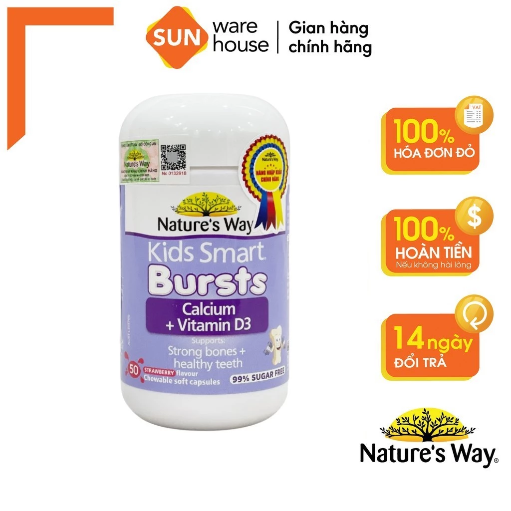 Viên Nhai Cho Bé Nature’s Way Kids Smart Calcium + Vitamin D3 Burstlets Bổ Sung Canxi Phát Triển Chiều Cao 50 Viên