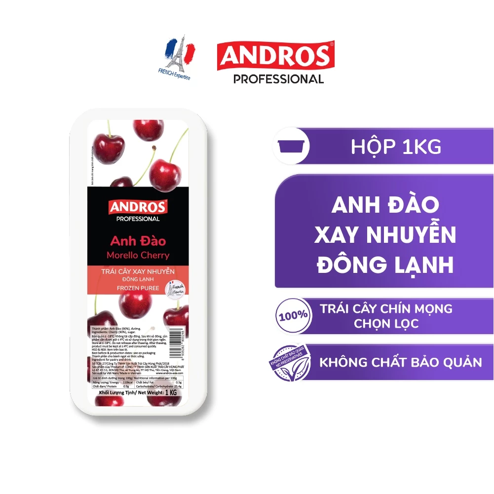 Cherry Xay Nhuyễn Đông Lạnh - Không chất bảo quản - ANDROS Frozen Puree - 1 KG - [Chỉ giao HCM]