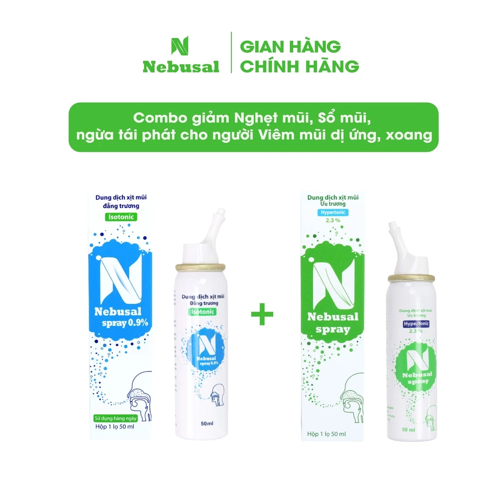 Combo Xịt Mũi Nebusal 2.3% + 0.9% Giảm Nghẹt Mũi, Sổ Mũi, ngừa tái phát viêm mũi dị ứng, xoang ở trẻ em và người lớn