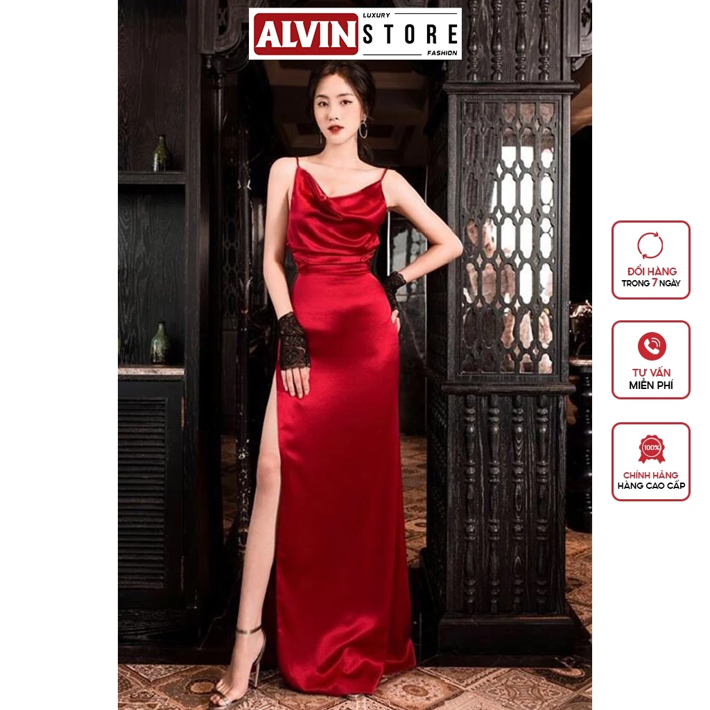 Đầm Dạ Hội Lụa Dài Cổ Đổ Nữ Tính Thiết Kế Hai Dây Hở Lưng Quyến Rũ Và Sang Trọng Alvin Store 2674