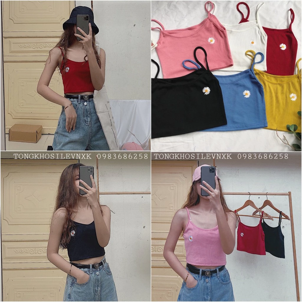 ÁO CROPTOP 2 DÂY THÊU HOA CÚC CHẤT LEN TĂM NHIỀU MÀU HOT