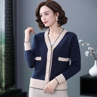 Áo Khoác Cardigan Dệt Kim Dáng Rộng Ngắn Mùa Xuân Thu Hàn Quốc Mới Cho Phụ Nữ Trung Niên